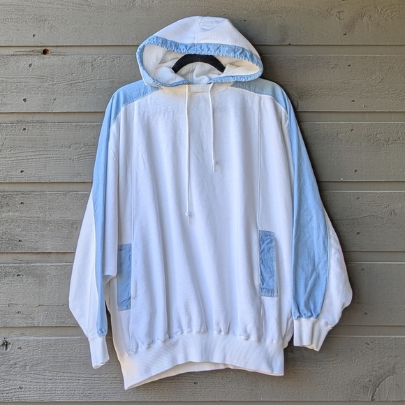 VTG 80s LizWear Oversized Hoodie Sweatshirt White Chambray Blue Medium - Picture 1 of 7